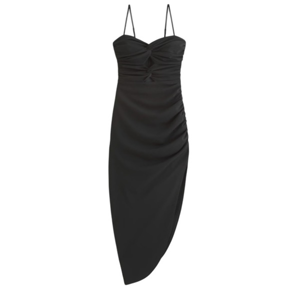 Abercrombie & Fitch NWT Ruched Front Cutout Asymmetrical Midi Dress Black Size M - Picture 2 of 15